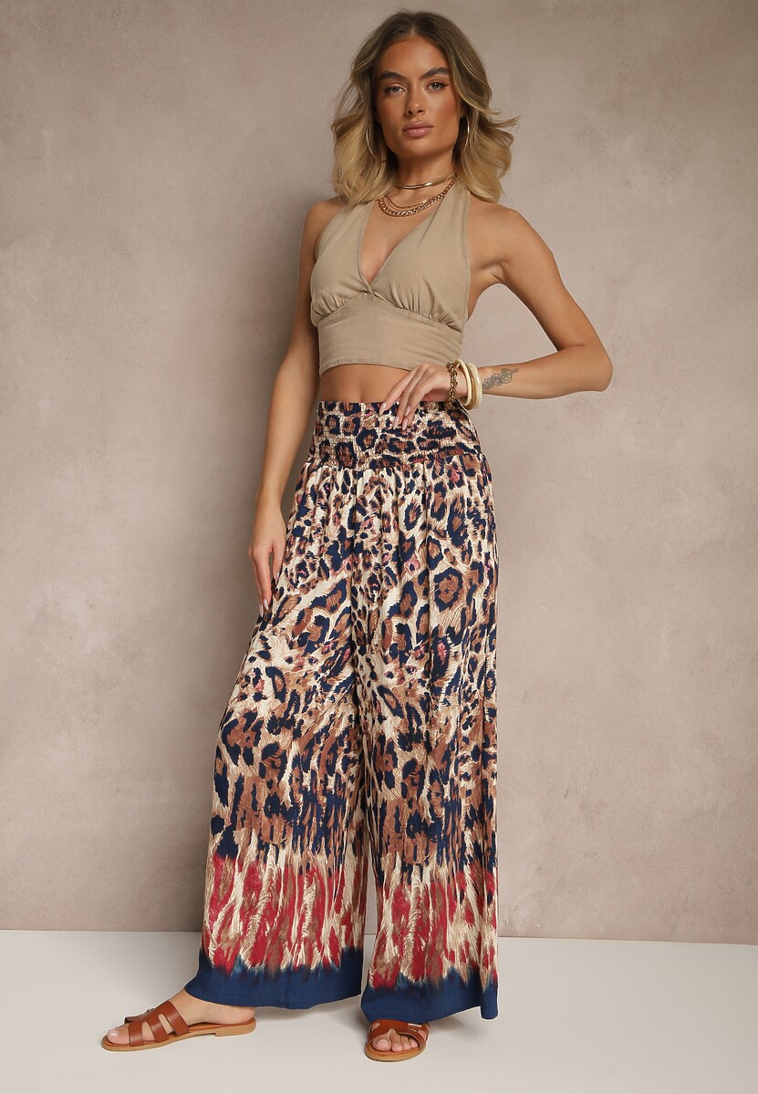 Czerwono-Granatowe Szerokie Spodnie z Wiskozy High Waist Ellirelle