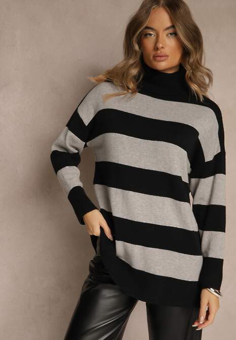 Czarno-Szary Golf Ozdobiony Paskami Raluna