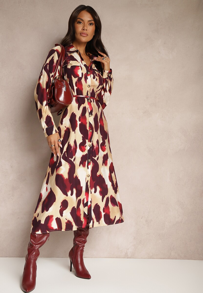 Czerwono-Beżowa Wzorzysta Sukienka o Koszulowym Kroju z Paskiem z Plecionki Mirirani