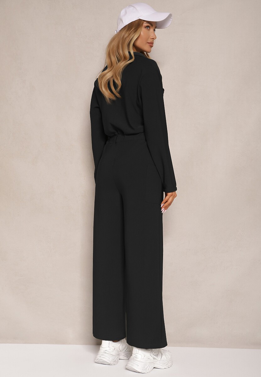 Czarny Kombinezon z Elastyczną Gumką w Pasie z Dodatkowym Wiązaniem o Luźnym Kroju Creera