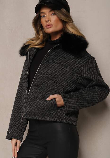 Czarna Elegancka Kurtka z Kołnierzem z Futerka i Błyszczącą Nicią Vertilora