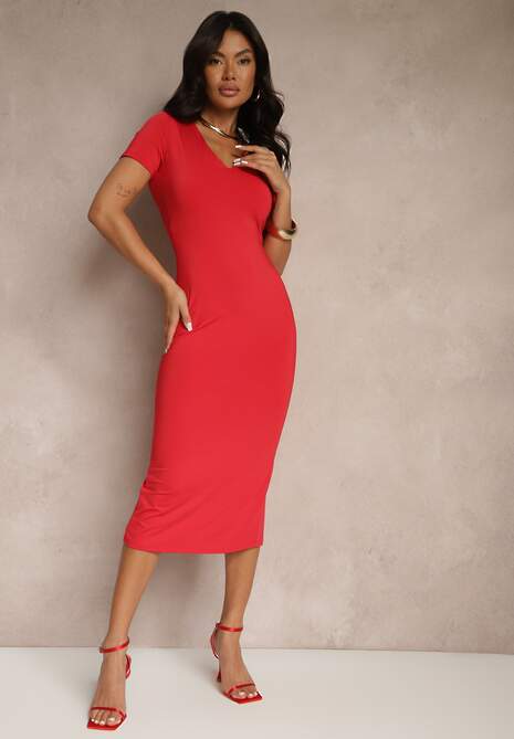 Czerwona Sukienka Bodycon o Dopasowanym Kroju z Dekoltem w V Efrerina