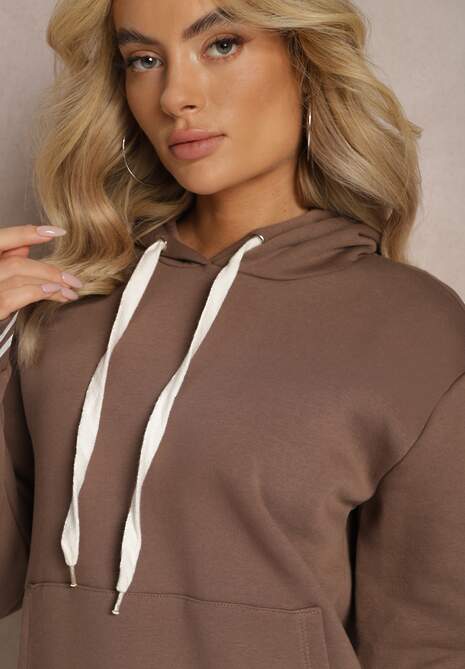 Brązowa Bluza Kangurka z Bawełny ze Ściągaczami w Paski i Kapturem Gaiana