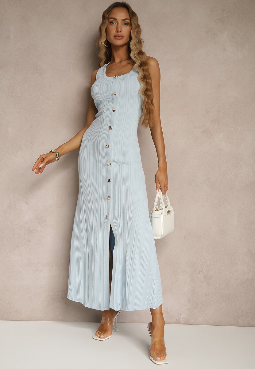 Niebieska Sweterkowa Sukienka z Wiskozy Ozdobiona Guzikami Lunioris