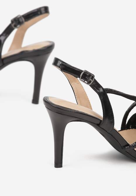 Czarne Cyrkoniowe Sandały na Obcasie Typu Szpilka Kalefera