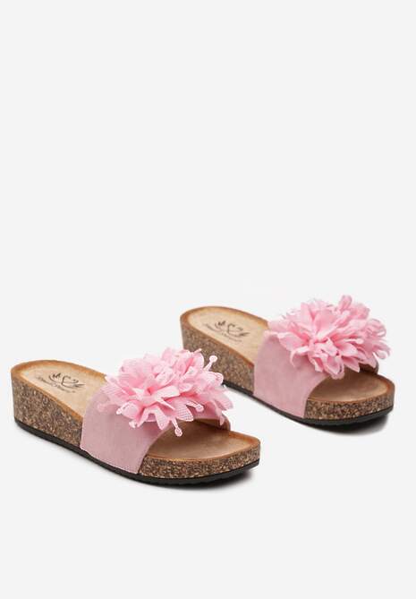 Różowe Klapki na Korkowej Podeszwie z Ozdobnym Kwiatkiem Ariselda