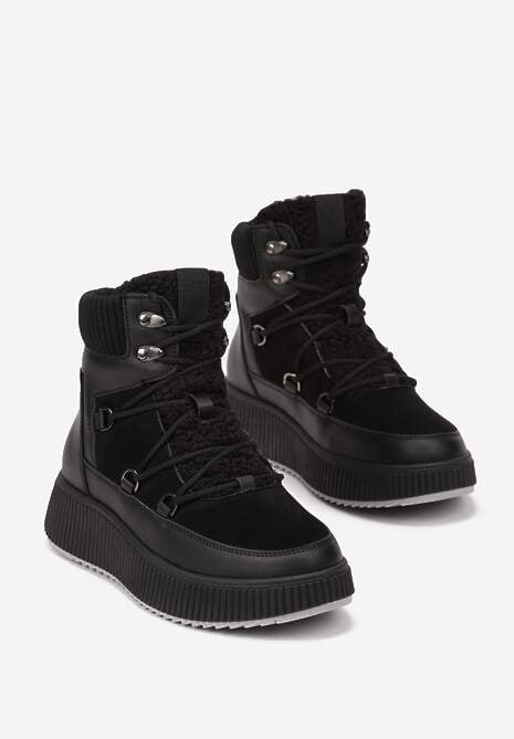 Czarne Śniegowce Trapery Vices na Płaskiej Podeszwie z Futerkiem w Stylu Baranka ze Sznurowaniem Temirits