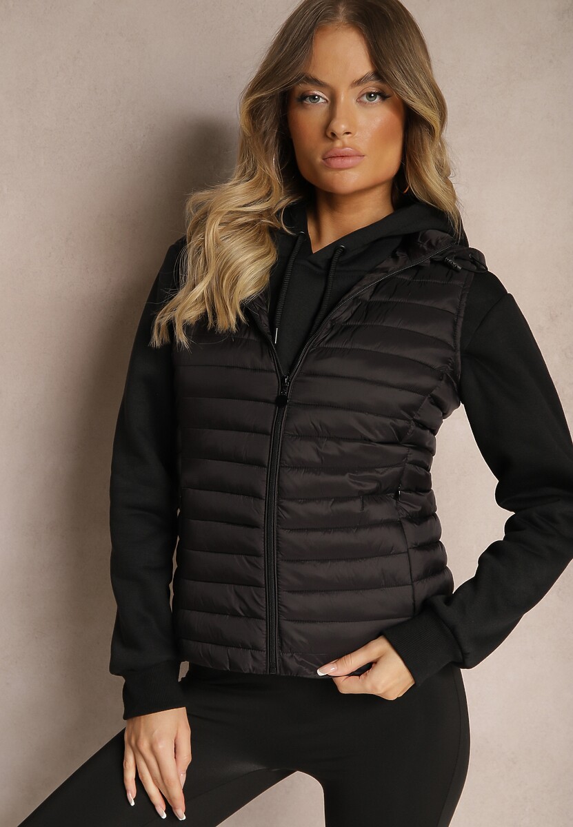 Czarna Rozpinana Kamizelka Pikowana z Odpinanym Kapturem i Kieszeniami Arkathia