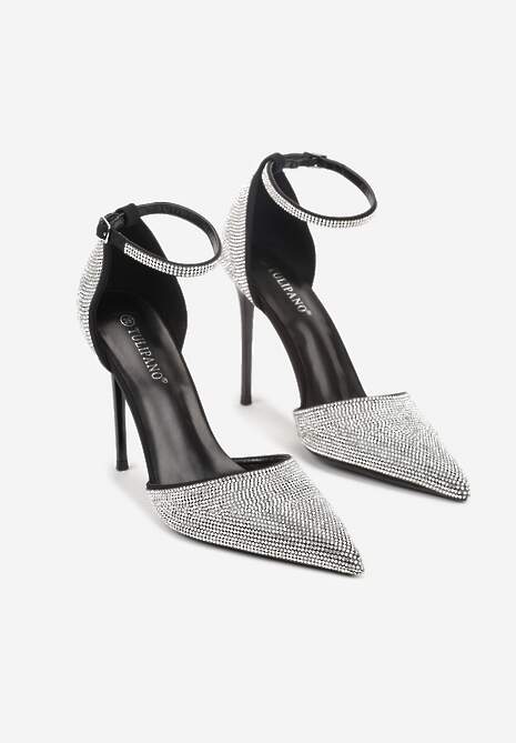 Czarne Szpilki Zdobione Cyrkoniami i Paskiem z Klamerką Eweda