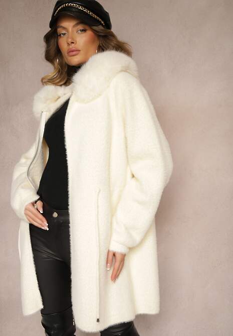 Jasnobeżowy Długi Płaszcz ze Ściągaczem w Pasie Zdobiony Futrem Delithriel