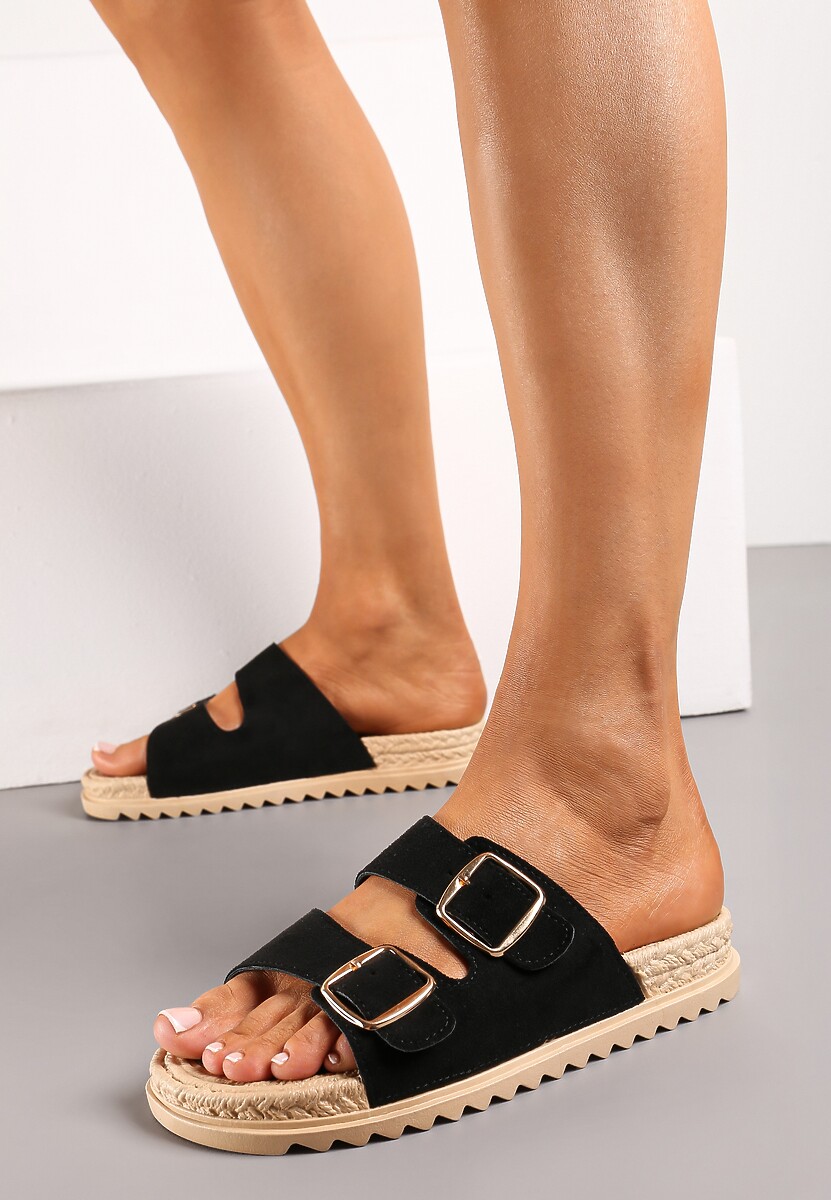 Ciemnobeżowe Wsuwane Klapki z Ozdobnymi Klamrami na Paskach Iabeaus