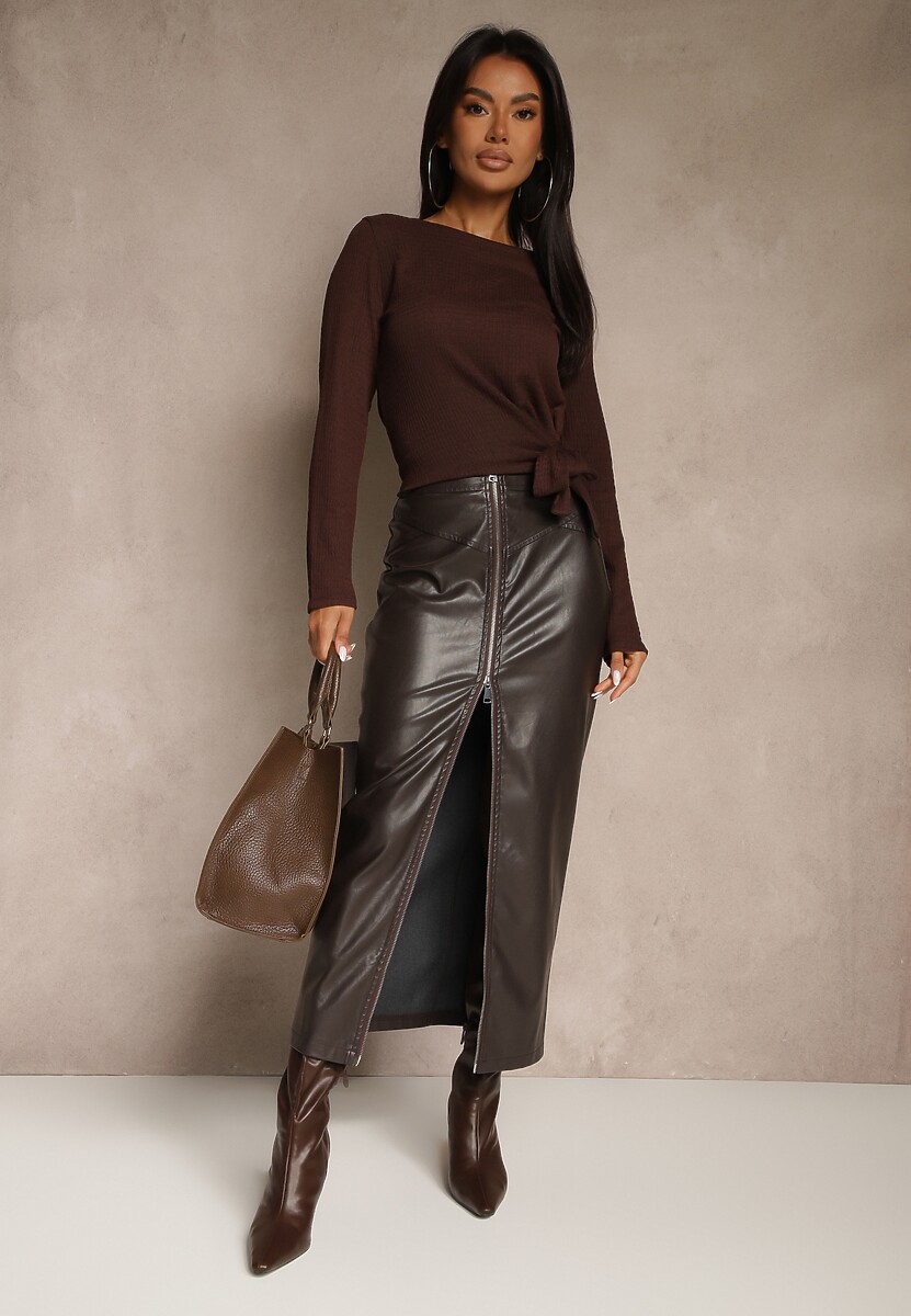 Brązowa Bluzka z Wiązaniem z Boku Esnaria