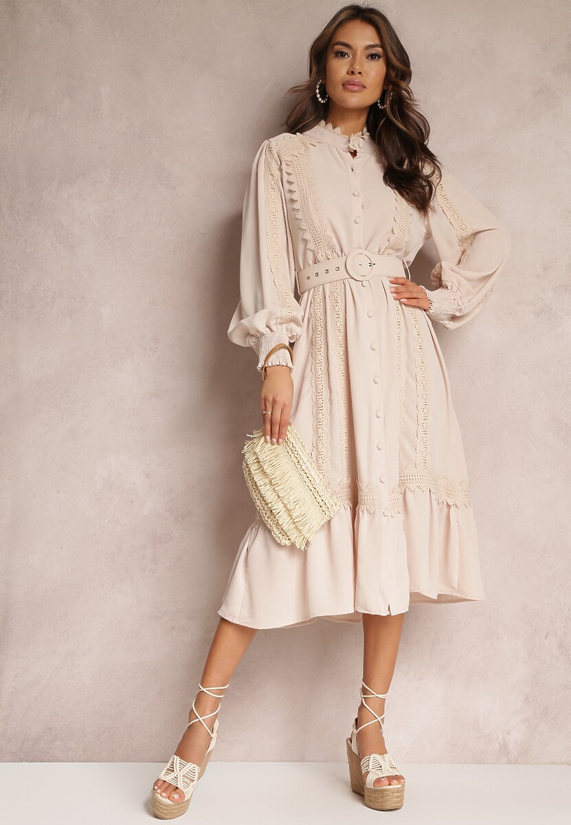 Beżowa Koszulowa Sukienka Midi z Koronką i Paskiem z Klamrą Tocotte