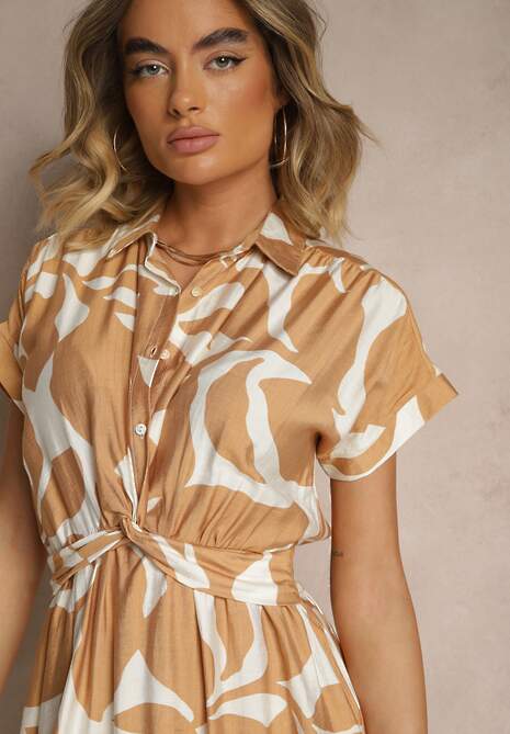 Beżowa Sukienka z Wiskozą i Geometrycznym Motywem Galidela