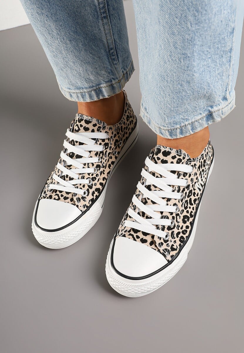 Panterkowe Brokatowe Trampki z Napisem i Niską Cholewką Borlevi