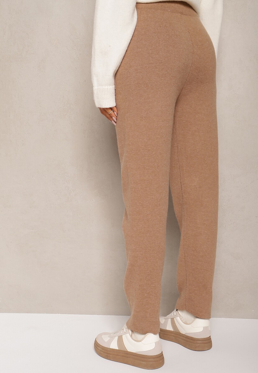 Ciemnobeżowe Spodnie z Bawełną High Waist Ozdobione Sznurkiem Venaline