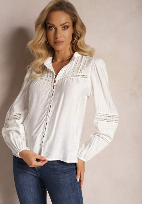 Biała Koszula z Wiskozy ze Stójką i Wstawkami z Koronki Diverto