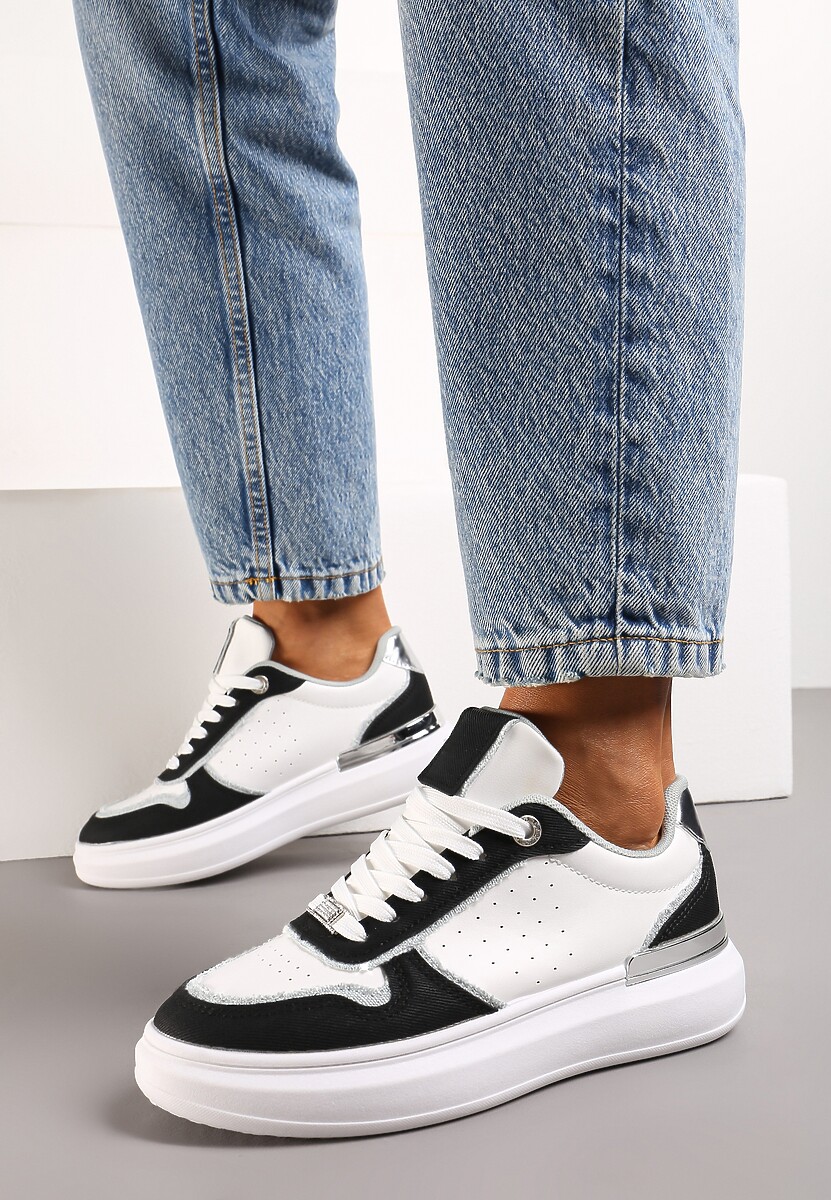 Biało-Czarne Sneakersy Ozdobione Wstawkami z Materiału i Aplikacją z Cyrkonii Eephira