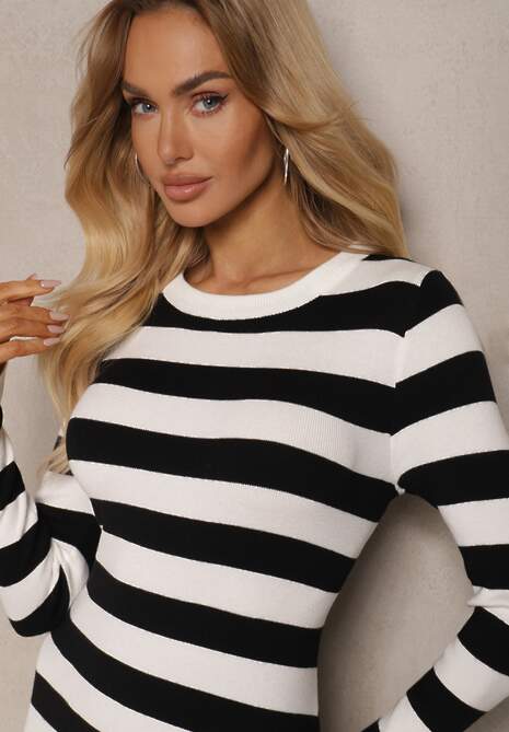 Biało-Czarna Dopasowana Sukienka z Wiskozą i Modalem Ozdobiona Paskami Nalorin