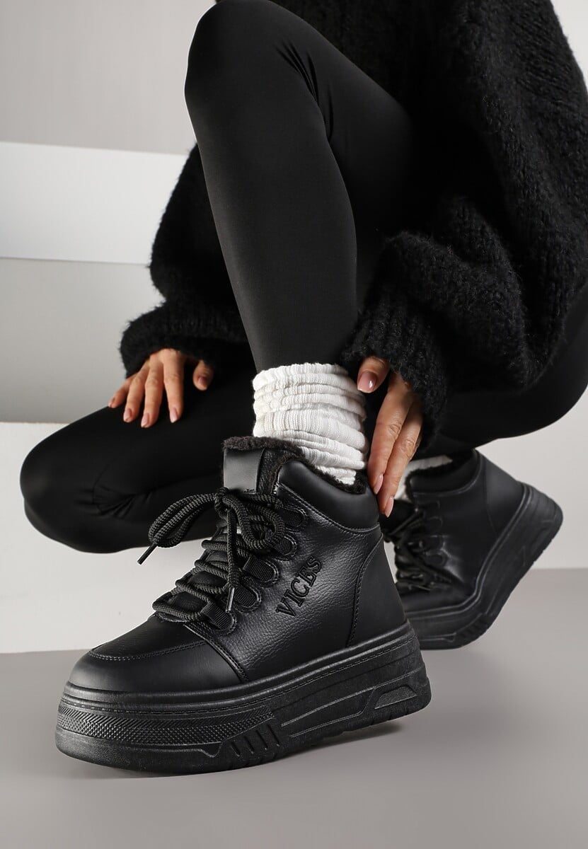 Czarne Sneakersy na Grubej Podeszwie Mocno Ocieplane Futrem Leavinael