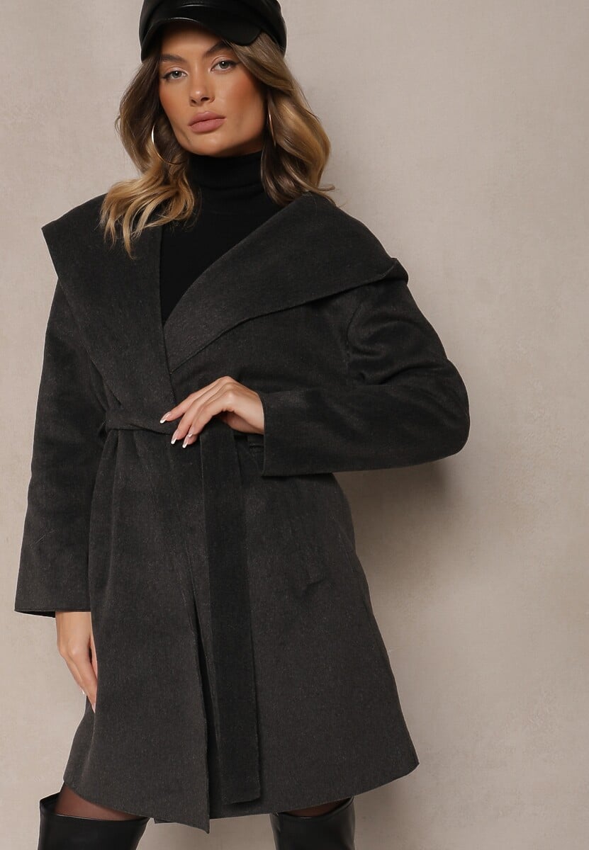 Beżowy Płaszcz z Wiskozą Kapturem i Paskiem w Talii Ninerviria