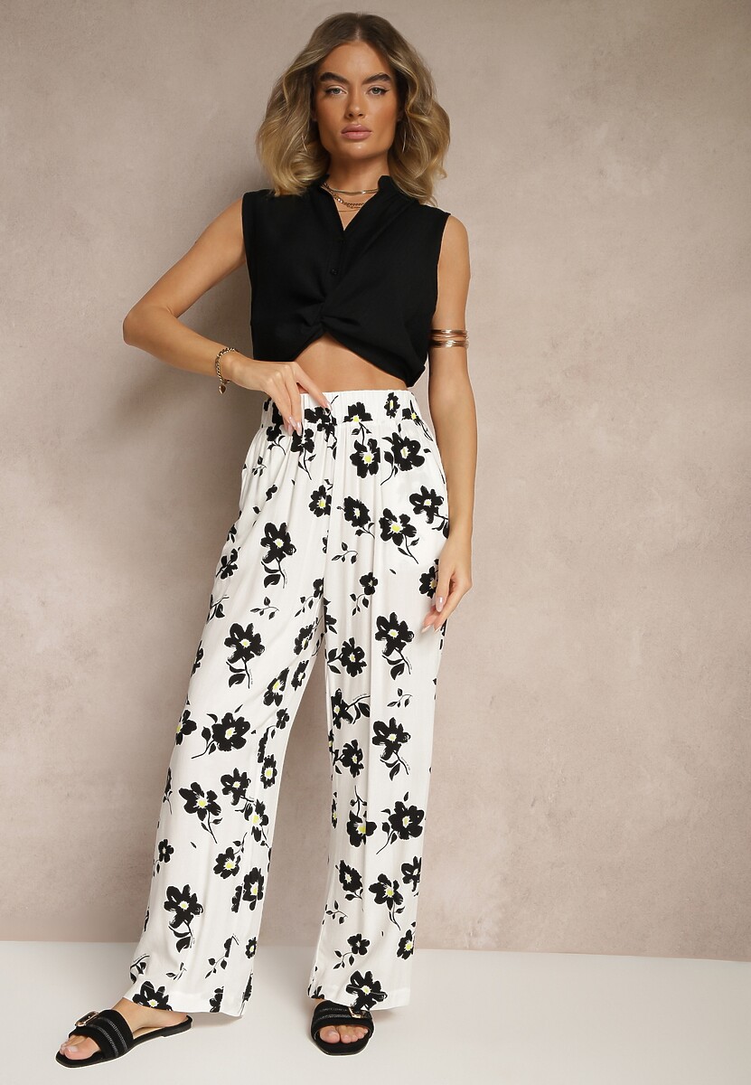 Białe Szerokie Spodnie High Waist w Kwiatowy Wzór Elsedia