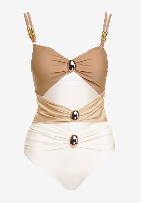 Beżowy Jednoczęściowy Strój Kąpielowy z Wycięciami i Metalowymi Ozdobami Rivanille