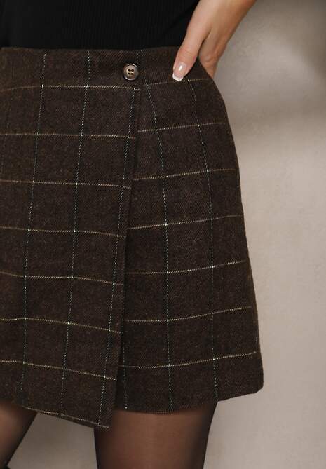 Brązowe Szorty Spódnica w Kratę z Zakładką Enallin