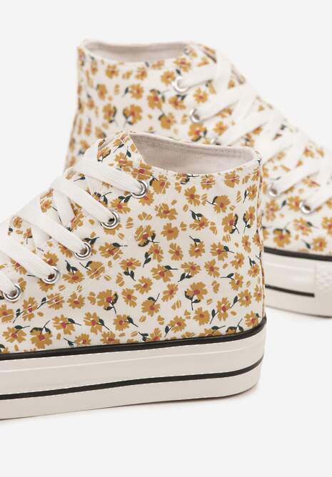 Żółte Trampki z Wysoką Cholewką Zdobione Kwiatowym Printem Folellia