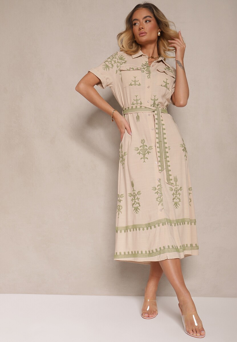 Beżowa Koszulowa Sukienka z Wiskozy Ozdobiona Paskiem i Haftem Divirea