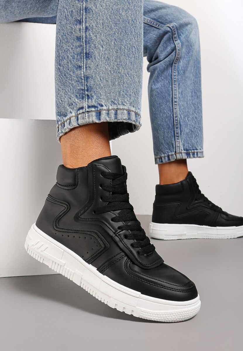 Czarne Sneakersy Sznurowane za Kostkę na Płaskiej Podeszwie Gitaria