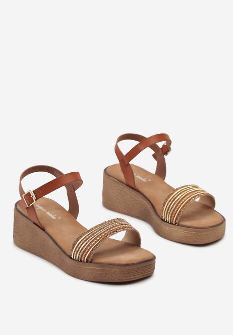 Brązowe Sandały Zapinane przy Kostce z Cyrkoniami na Koturnie Madoka