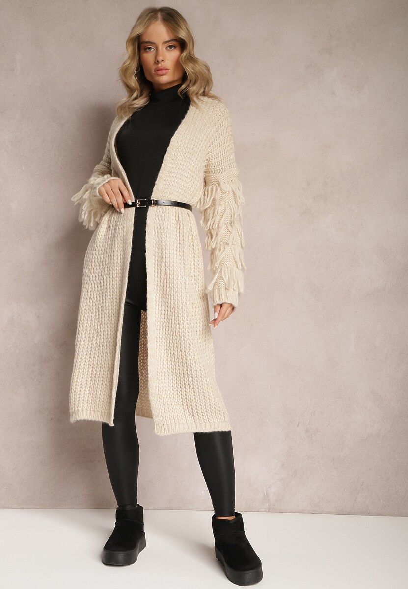 Jasnozielony Długi Kardigan Dzianinowy z Ozdobnymi Frędzlami i Paskiem Mesfin