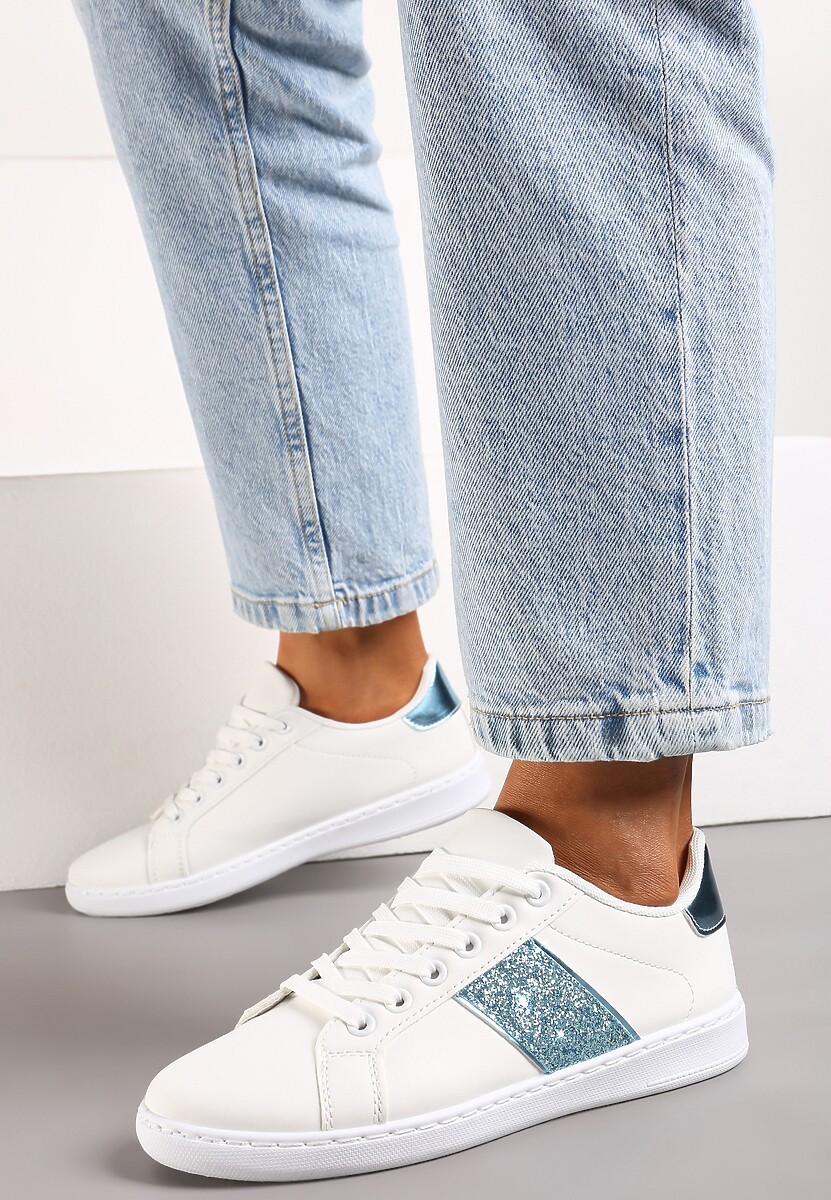 Biało-Niebieskie Sneakersy Sznurowane Ozdobione Brokatem Vistasta