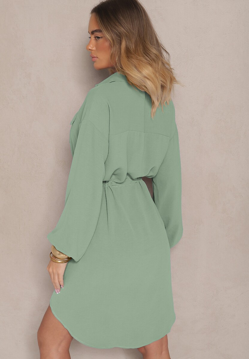 Zielona Sukienka Koszulowa z Bawełną Ozdobiona Wiązaniem Uladrisa