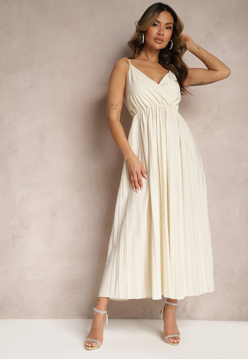 Jasnobeżowa Długa Sukienka Kopertowa o Rozkloszowanym Kroju na Ramiączkach Kaemera