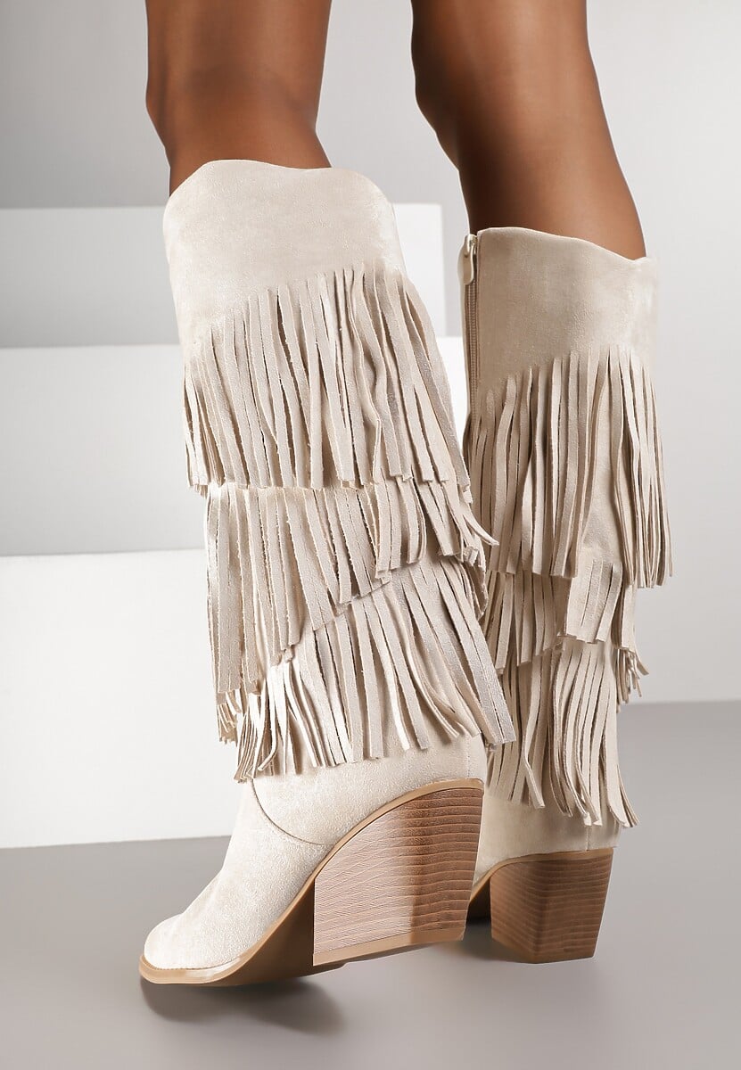 Beżowe Kozaki Kowbojki na Stożku Ozdobione Frędzlami Giolanda