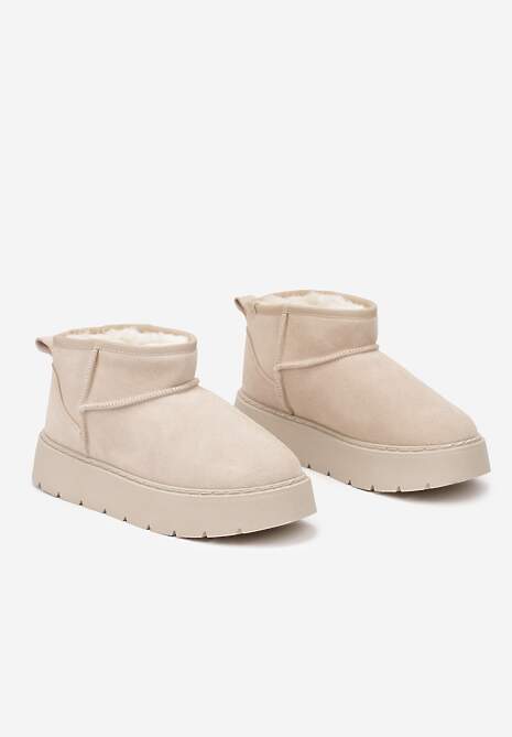 Beżowe Niskie Śniegowce ze Skóry Naturalnej Mocno Ocieplane Rialithe