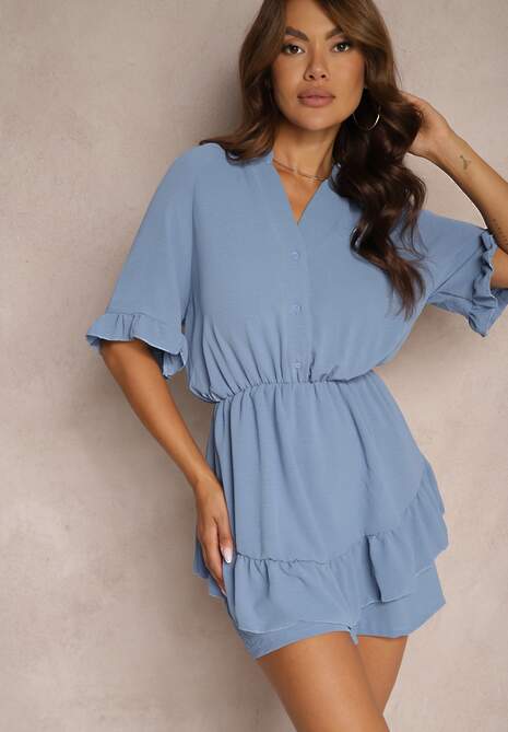 Niebieski Kombinezon o Taliowanym Kroju z Falbanką przy Rękawach i Gumką w Pasie Nansili