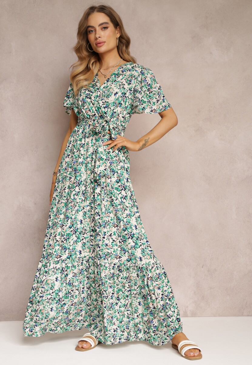 Zielona Sukienka Maxi z Wiskozy z Gumką i Materiałowym Paskiem w Talii Dionelia