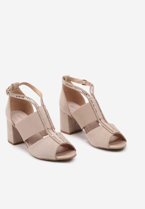Beżowe Sandały na Słupku Zdobione Drobnymi Cyrkoniami Wirisa