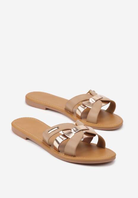 Ciemnobeżowe Klapki Ozdobione Metalicznym Paskiem Aravolia