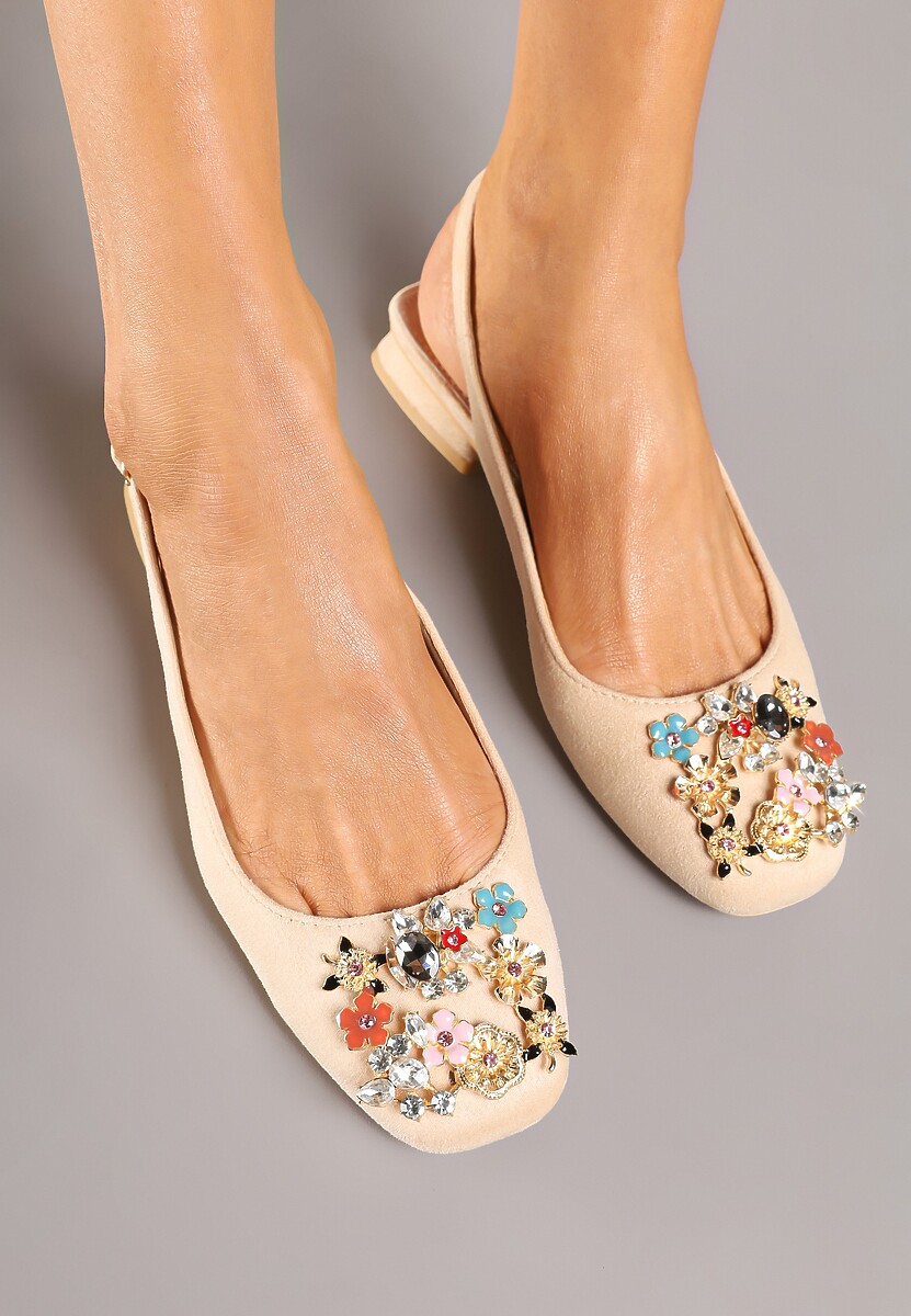 Beżowe Czółenka Slingback Vices z Cyrkoniami i Wkładką ze Skóry Eklina