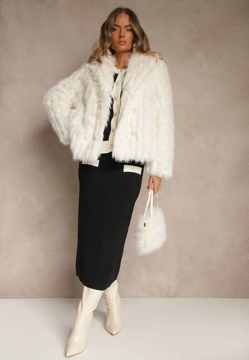 Czarno-Biały Sweterkowy Komplet z Dzianiny z Bawełną Kardigan i Spódnica Derrive