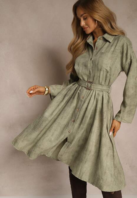 Zielona Sukienka Koszulowa z Paskiem z Klamrą i Kieszonką Parmio