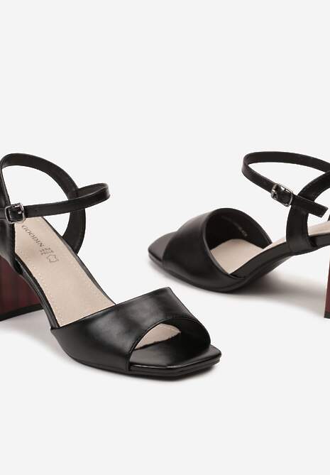 Czarne Sandały na Słupkowym Obcasie z Zapięciem wokół Kostki z Wkładką ze Skóry Lusella