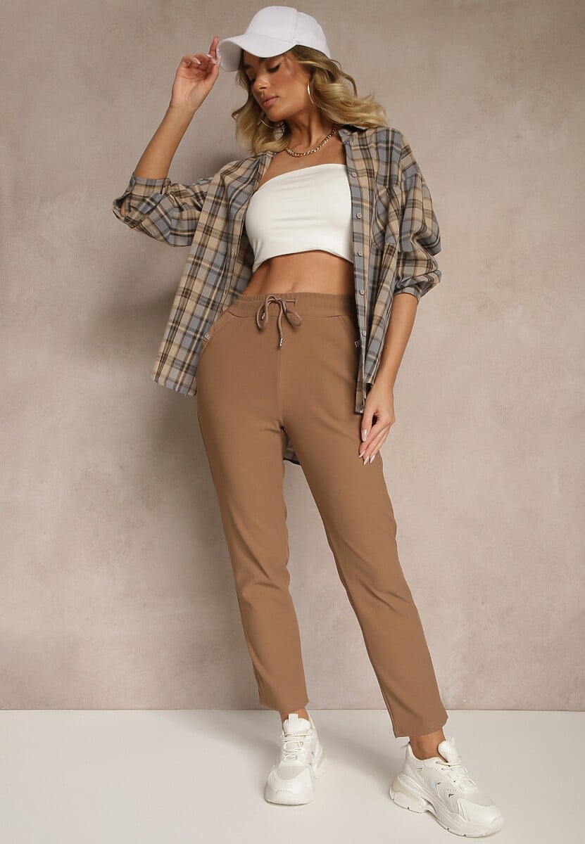 Brązowe Spodnie o Szerokim Kroju z Metalicznymi Ozdobami i Wiązaniem Voressa