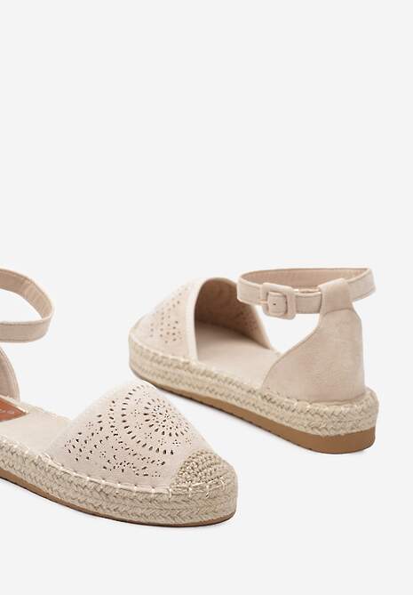 Beżowe Espadryle na Płaskiej Podeszwie z Ażurowym Zdobieniem Zapinane Wokół Kostki Vizimaia