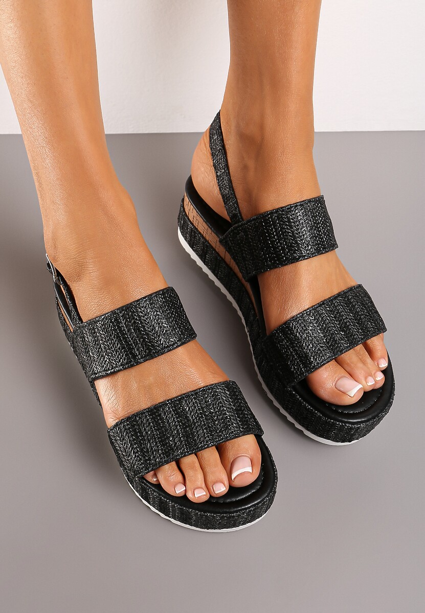 Czarne Sandały na Platformie z Koturnie z Ozdobną Plecionką i Sprzączką Meepora