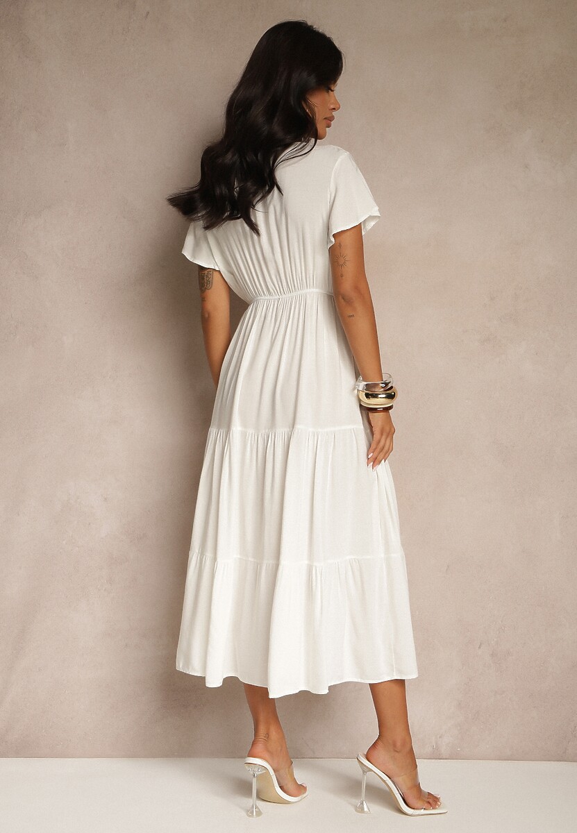 Biała Sukienka z Wiskozy o Rozkloszowanym Kroju z Falbanami Jonmy